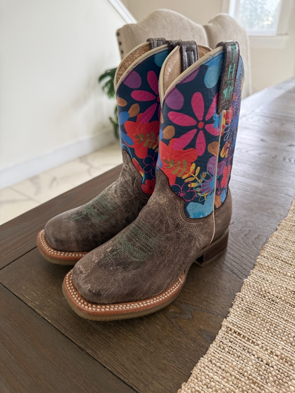 Tin Haul Kids Brown Leather Boots with Blue and Pink Floral Shaft